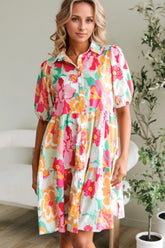 Button Down Floral Puff Sleeve Babydoll Dress Strawberry OutfitFlow