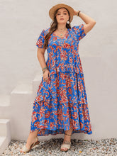 Plus Size Ruffled Printed V-Neck Short Sleeve Maxi Dress Blue OutfitFlow