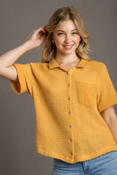Umgee Full Size Waffle-Knit Short Sleeve Button Down Shirt Plus Size Yellow OutfitFlow