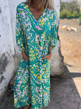 Full Size Printed V-Neck Dress with Pockets Plus Size Turquoise OutfitFlow