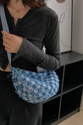 Raw Hem Checkered Denim Crossbody Bag Light Blue One Size OutfitFlow