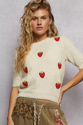 POL Round Neck Strawberry Patch Sweater with Shirring Shoulder Cream OutfitFlow