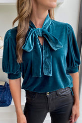 Tie Neck Half Sleeve Blouse Deep Teal OutfitFlow