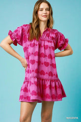 Umgee Heart Pattern Short Sleeve Ruffle Babydoll Dress MAGENTA OutfitFlow