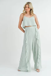 MABLE Crop Cami and Ruffled Wide Leg Pants Set Lt Mint OutfitFlow