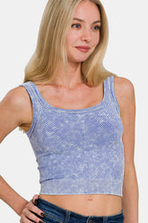 Zenana Washed Ribbed Scoop Neck Wide Strap Tank Lt Indigo OutfitFlow