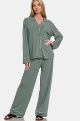 Zenana Button Down Long Sleeve Top and Pants Lounge Set Sage OutfitFlow