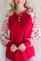 Heart Printed Round Neck Long Sleeve T-Shirt Red OutfitFlow