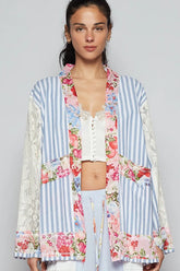 POL Lace Long Sleeve Striped Cardigan with Floral Patchwork Detail Light Blue OutfitFlow