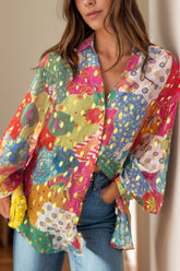 Printed Collared Neck Long Sleeve Shirt Deep Rose OutfitFlow