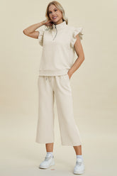 Double Take Full Size Texture Ruffle Short Sleeve Top and Wide Leg Pants Set Ivory OutfitFlow