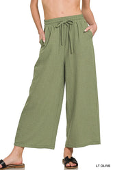 Zenana Woven Crepe Elastic Band Waist Cropped Pants LT OLIVE OutfitFlow