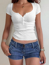 Half Button Scoop Neck Short Sleeve Knit Top White OutfitFlow