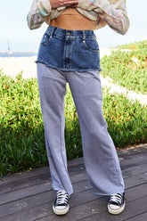 Davi & Dani Raw Hem Denim Patchwork Wide Leg Pants Grey OutfitFlow