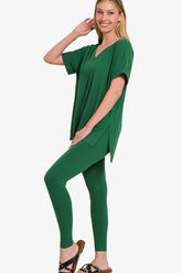 Zenana V-Neck Rolled Short Sleeve T-Shirt and Leggings Lounge Set DK Green OutfitFlow