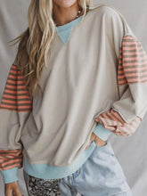 Striped Colorblock Patchwork Drop Shoulder Sweatshirt Eggshell OutfitFlow
