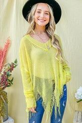 And The Why Distressed Mesh V Neck Spring Sweater Cover Up YELLOW OutfitFlow