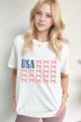 USA Flag Bow Knot Print Round Neck T Shirt White OutfitFlow