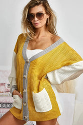 BiBi Color Block Sweater Cardigan with Button Closure MUSTARD IVORY OutfitFlow