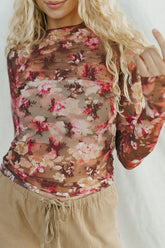 Floral Mock Neck Long Sleeve Sheer Top Floral OutfitFlow