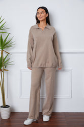 Dropped Shoulder Sweater and Long Pants Set Khaki One Size OutfitFlow