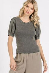 Mittoshop Mineral Wash Puff Sleeve Rib Knit Top Charcoal OutfitFlow