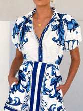 Puff Sleeve Printed Top and Zip Back Skirt Set Blue OutfitFlow