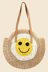 Fame Straw Braided Round Happy Face Tote Bag NAT One Size OutfitFlow