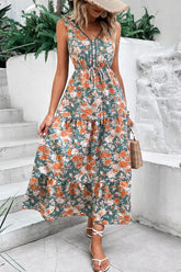 Floral Print Trimmed V Neck Tie Waist Sleeveless Dress Floral OutfitFlow