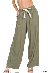 Zenana Linen Drawstring Pants LT OLIVE OutfitFlow