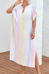 Slit Striped Notched Short Sleeve Cover Up Multicolor One Size OutfitFlow