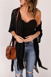 Fringe Hem Slit Open Front Cardigan Black One Size OutfitFlow