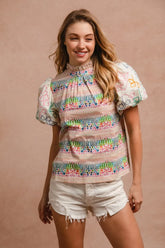 BiBi Ruffle Neckline Blouse With Embroidery Bubble Sleeve MULTI OutfitFlow
