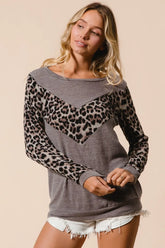 BiBi Sweater Knit Top With Leopard V Shape Block MOCHA OutfitFlow