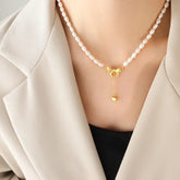 Titanium Steel Freshwater Pearl Heart Necklace Gold One Size OutfitFlow