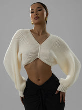 V-Neck Long Sleeve Crop Sweater Off White OutfitFlow