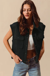SO ME Cable Quilting Stitch Button Up Knit Vest BLACK OutfitFlow