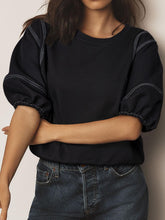 Contrast Stitches Detail Half Sleeve Blouse Black OutfitFlow