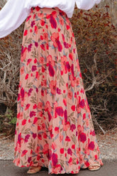 Printed Elastic Waist Pleated Maxi Skirt Hot Pink OutfitFlow