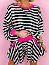 Stripe Contrast Ribbed Banding Long Sleeve Blouse and Loose Shorts Set Black Stripe OutfitFlow
