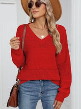Eyelet V-Neck Long Sleeve Sweater Deep Red OutfitFlow