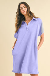 Annie Wear Mineral Washed Johnny Collar Short Sleeve Dress Blue Purple OutfitFlow
