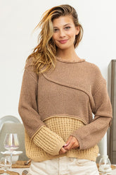BiBi Texture Detail Contrast Drop Shoulder Sweater MOCHA BROWN COMBO OutfitFlow
