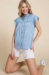 Lime 'N' Chili Mineral Wash Flutter Sleeve Button Down Shirt LT DENIM OutfitFlow