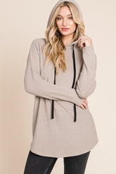 BOMBOM Contrast Drawstring Drop Shoulder Knit Hoodie Taupe OutfitFlow