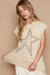 POL Star Patch Studded Sleeveless T-Shirt with Lace Hem Tan OutfitFlow