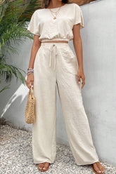 Round Neck Short Sleeve Top and Pants Set Beige OutfitFlow