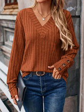 Decorative Button V-Neck Long Sleeve T-Shirt Caramel OutfitFlow
