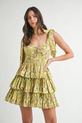 MABLE Floral Print Shoulder Tie Layered Mini Dress Kiwi OutfitFlow