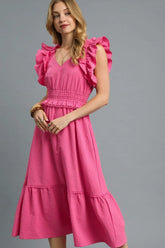 Umgee V-Neck Ruffled Cap Sleeve Midi Dress Hot Pink OutfitFlow